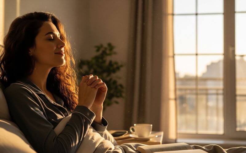 woman doing simple 3 minute morning stretching exercise at home for energy and focus