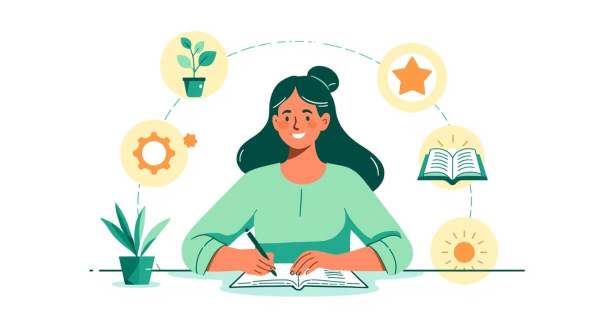 Woman writing in a journal surrounded by growth symbols in mint green tones representing daily personal growth tips
