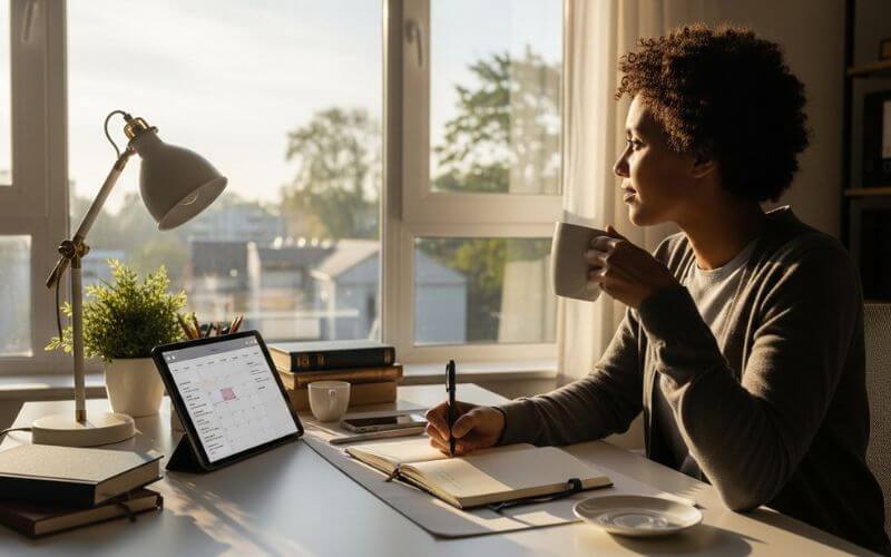 Motivated person embracing daily personal growth tips for success and a positive mindset