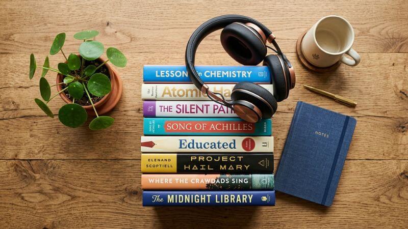 stack of colorful books with headphones and green plant representing daily learning habit for personal growth