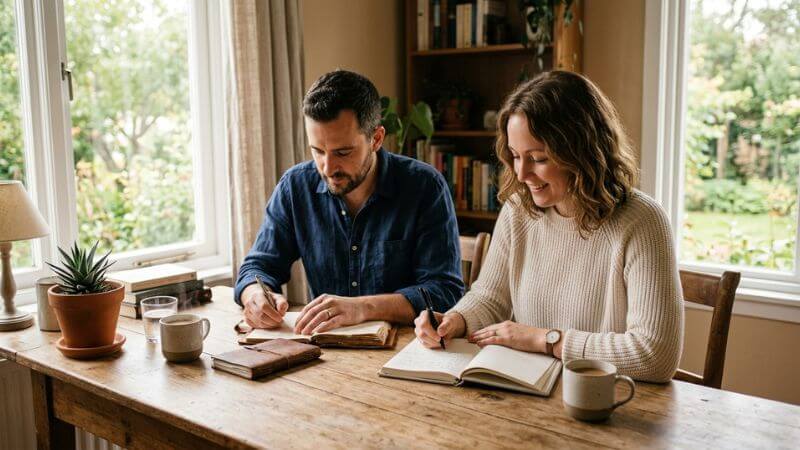 man and woman writing morning gratitude intentions as part of their daily self care morning routine