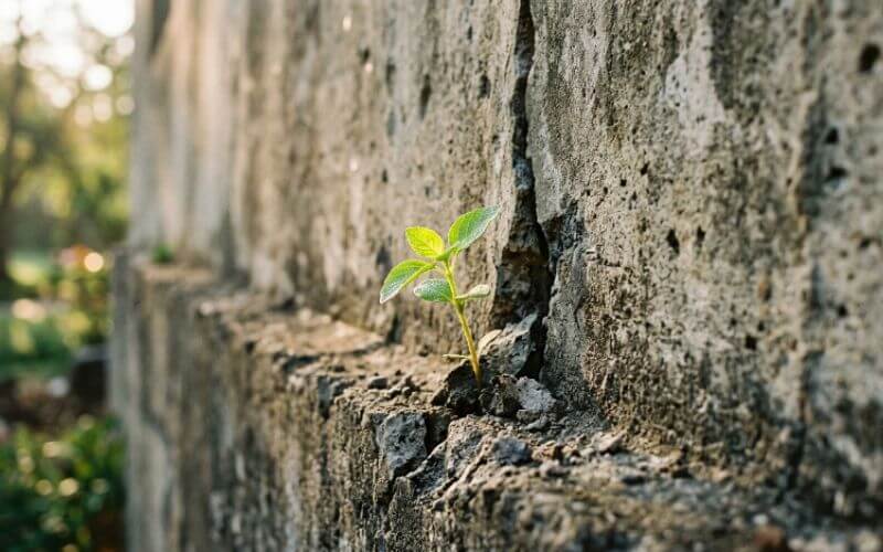 small green plant breaking through concrete showing how to build consistency habits slowly and powerfully
