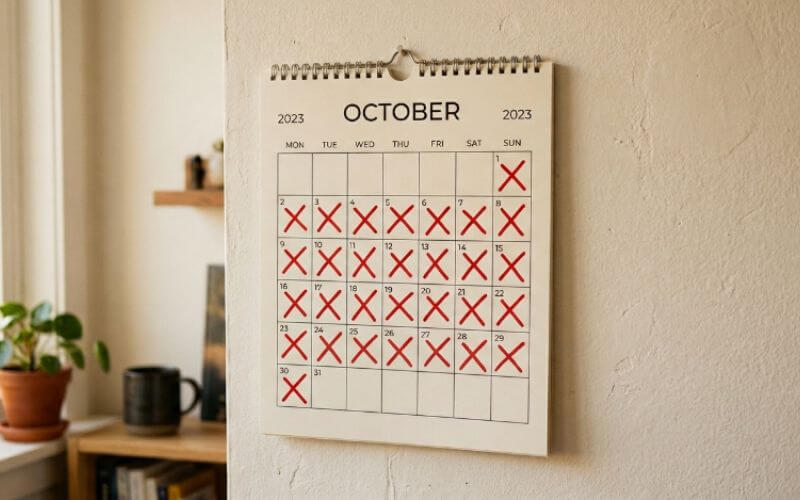 wall calendar with 30 day habit streak marked in red showing daily consistency habit tracking