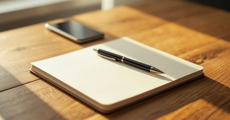 Open notebook and pen on a wooden table in soft morning sunlight for how to start a gratitude journal