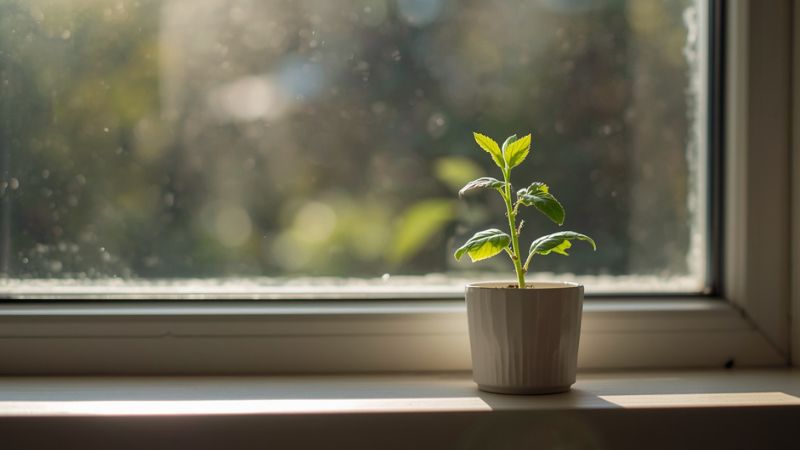 A green plant growing on a sunny windowsill representing personal growth when you learn how to start a gratitude journal