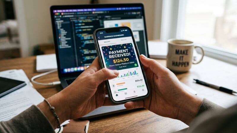 hands holding phone showing first online payment make money online 2026