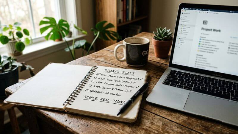 notebook with written goals beside laptop planning to make money online 2026