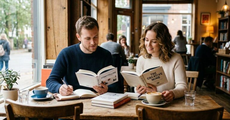 man and woman sitting together at table with books and coffee looking calm focused natural light