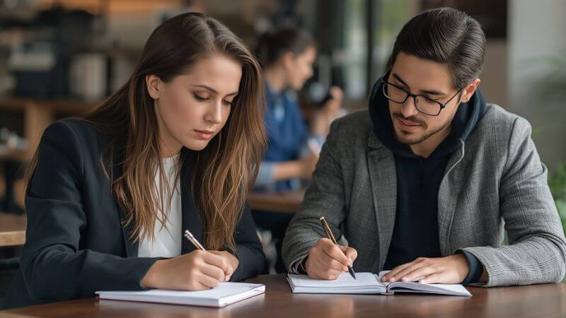 man and woman writing in notebooks at cafe practicing daily habits for personal growth