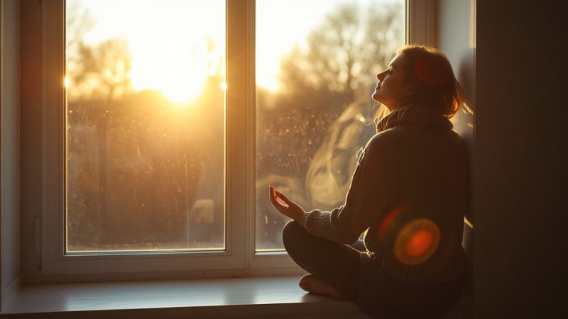 A person sitting peacefully by a window in morning light after learning how to start a gratitude journal daily practice