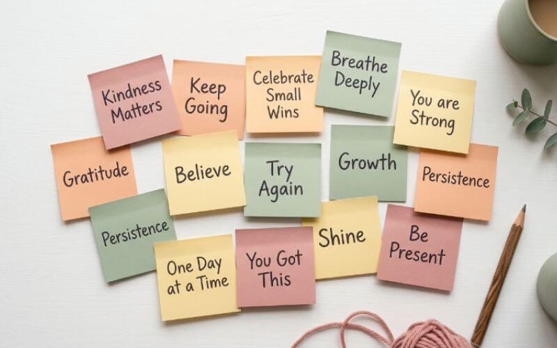 colorful sticky notes on wall showing positive self talk affirmations