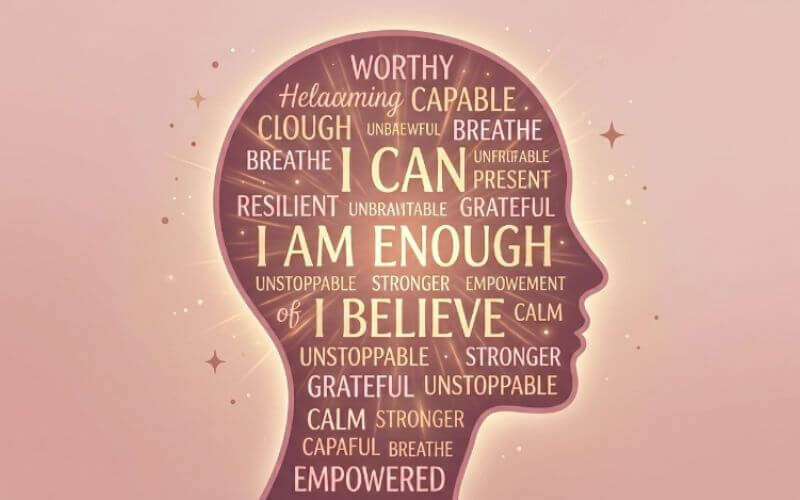 human head silhouette filled with glowing positive self talk words and thoughts