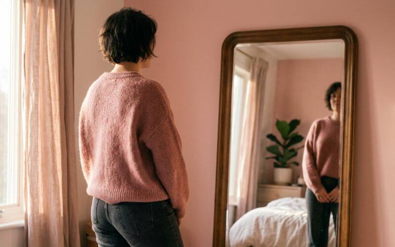 confident person standing in front of mirror practicing positive self talk