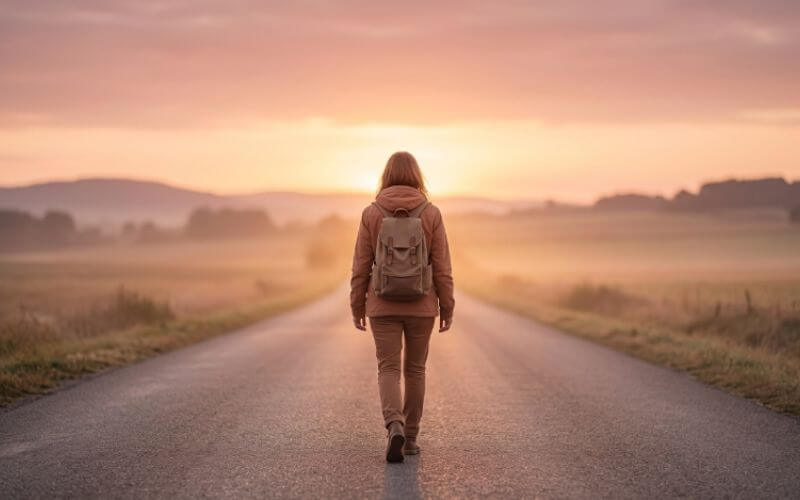 person walking alone on sunrise road representing positive self talk tips morning routine