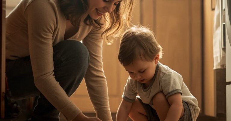 a mother kneeling beside her child cleaning spilled milk showing respectful parenting tips in everyday moments