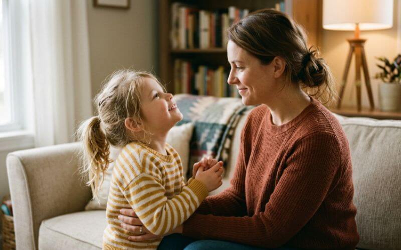child looking up at calm patient parent showing trust built through consistent respectful parenting tips