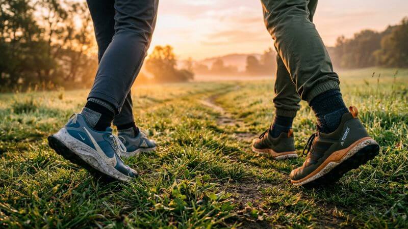 two pairs of sneakers walking on grass path at sunrise representing daily habits that change your life