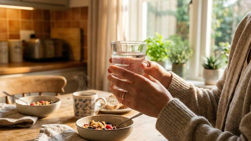 person drinking a glass of water in the morning as part of their 5 minute morning self care routine to boost brain clarity