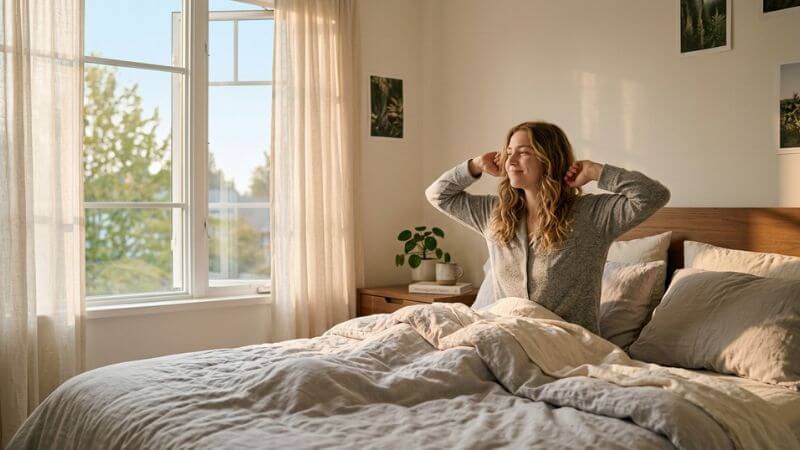 person starting their 5 minute morning self care routine waking up peacefully with soft morning light