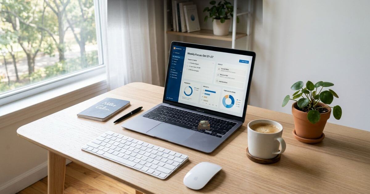 person using AI productivity agents on laptop in organized workspace 2026