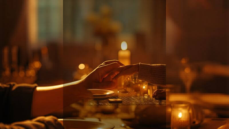 two people sharing warm dinner moment after overcoming struggle and moving forward in life